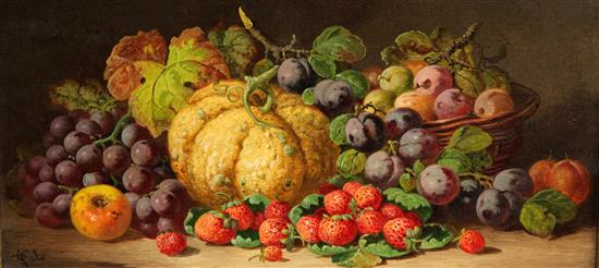 Charles Thomas Bale (fl.1866-1875) Still lifes of pigeons, fruit and a pitcher, 11.5 x 23.5in.